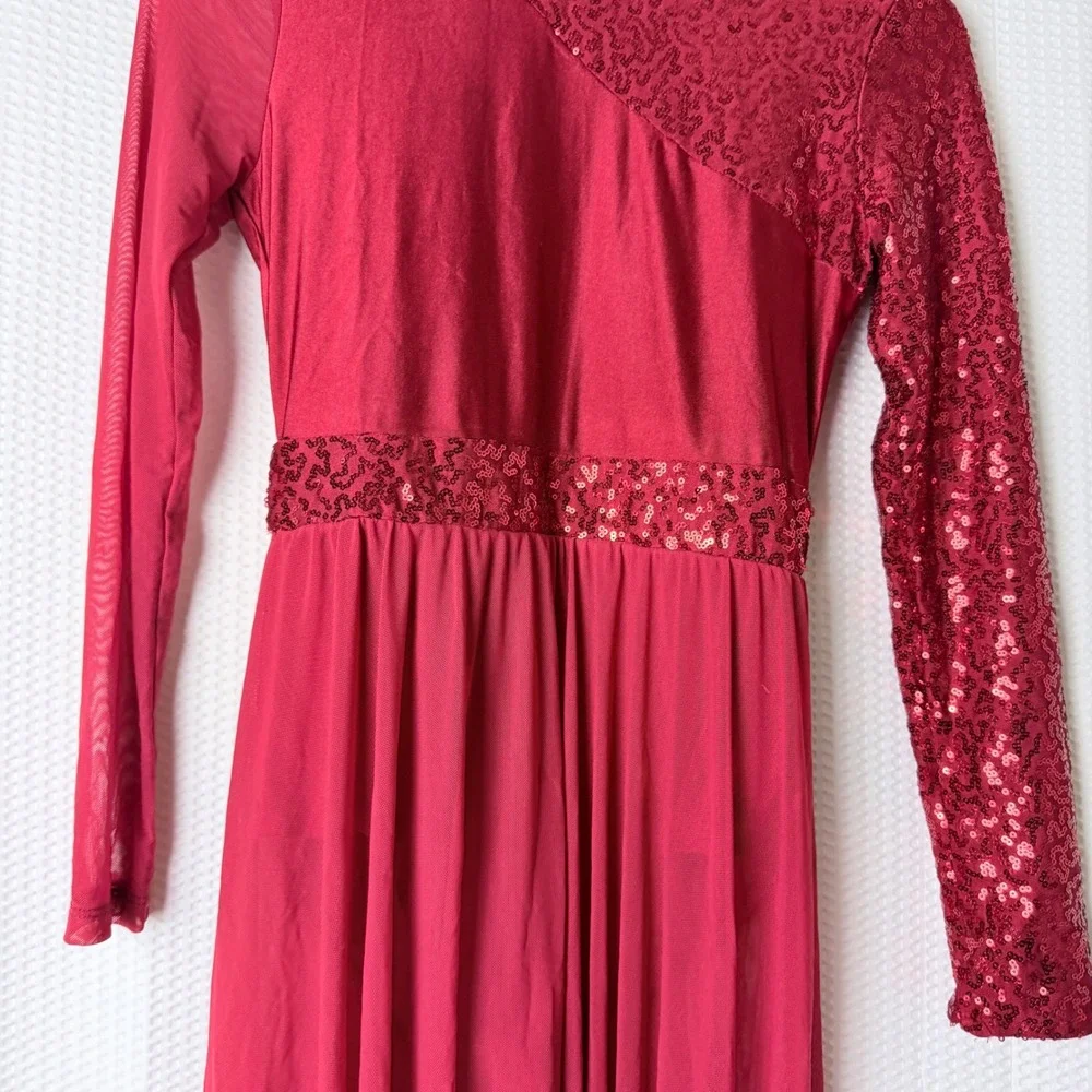 iEFiEL Lyrical Dance Dress Girls Small Red Sequin Asymmetrical Mesh NWT Flowy